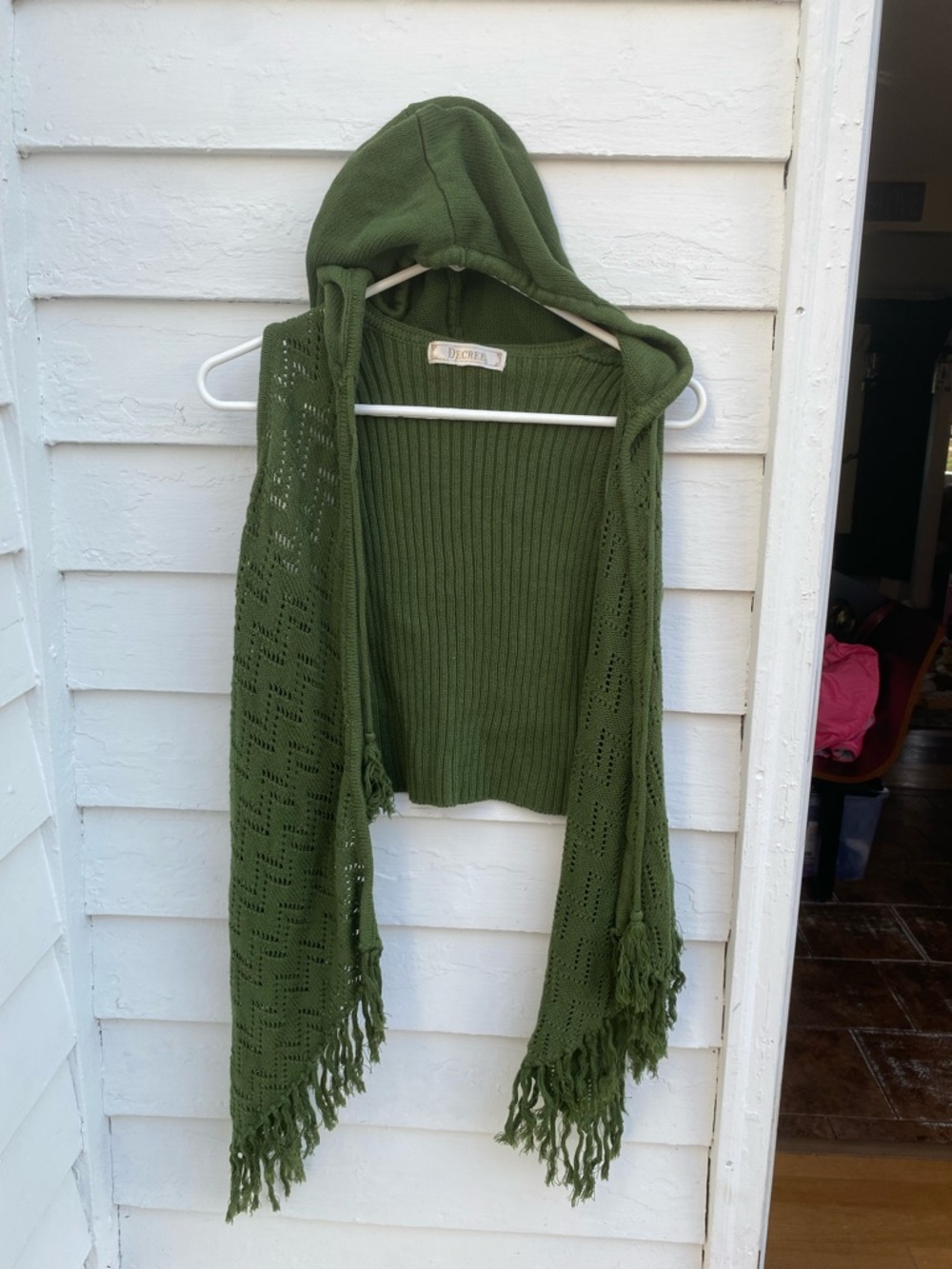 Decree Sleeveless Boho Hooded Olive Open-Knit Fringe Waterfall Cardigan